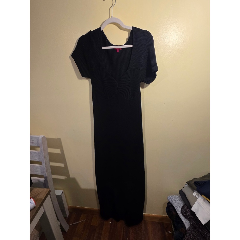 STAUD Black Ribbed Knit Short Sleeve Maxi Dress V-Neck Scoop Back Large